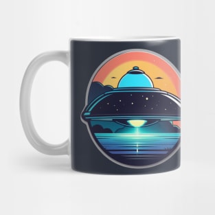 UFO Flying Saucer over sea with neon light Mug